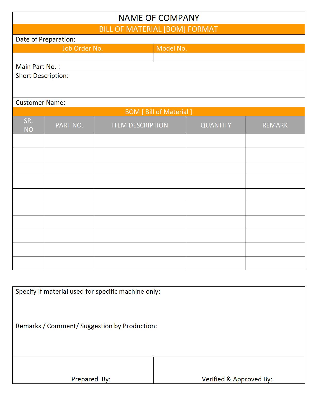 BOM [Bill of Material] report Template format Excel PDF Sample