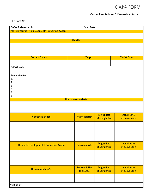 CAPA Form Format Excel PDF Sample