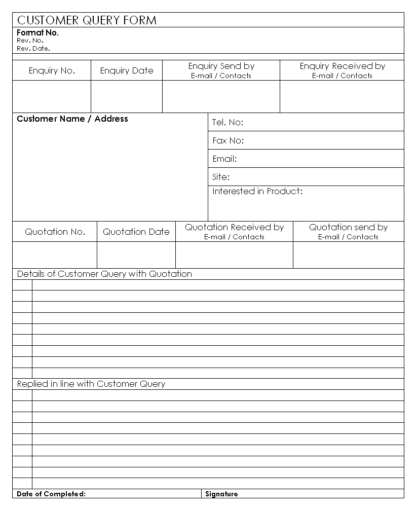 Customer Query Form Format Within Enquiry Form Template Word