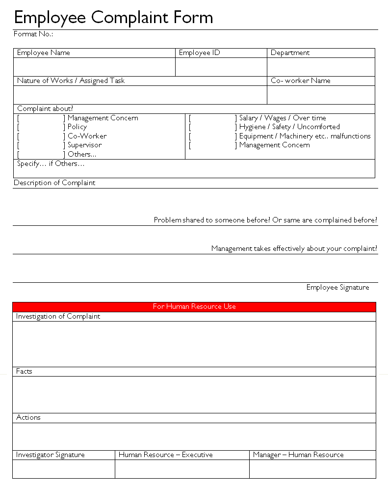 Employee Complaint Form Format Samples Word Document Download