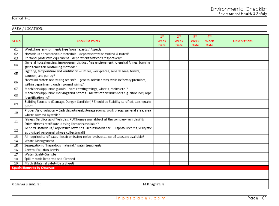 Environmental Checklist Format Samples Word Document Download