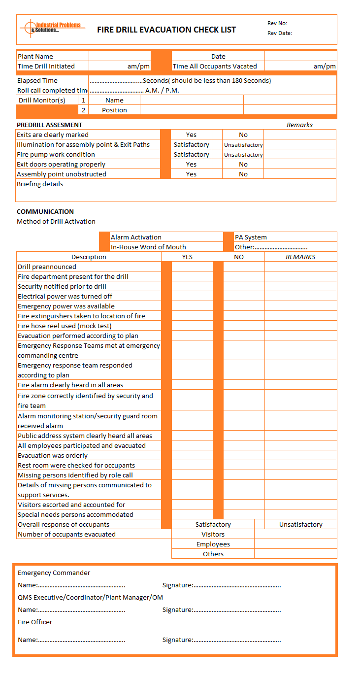 Fire Drill Evacuation Checklist Format For Emergency Drill Report Template