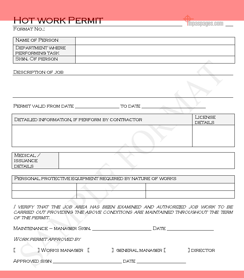 Hot work Permit format Work Permit form
