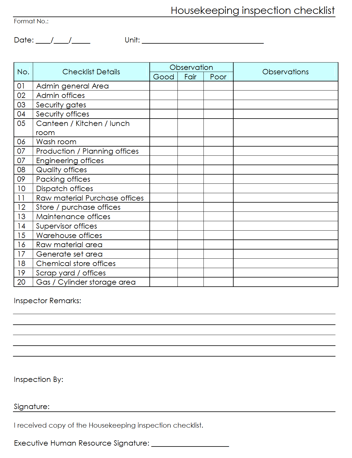 House Keeping Inspection Checklist format | Samples | Word Document