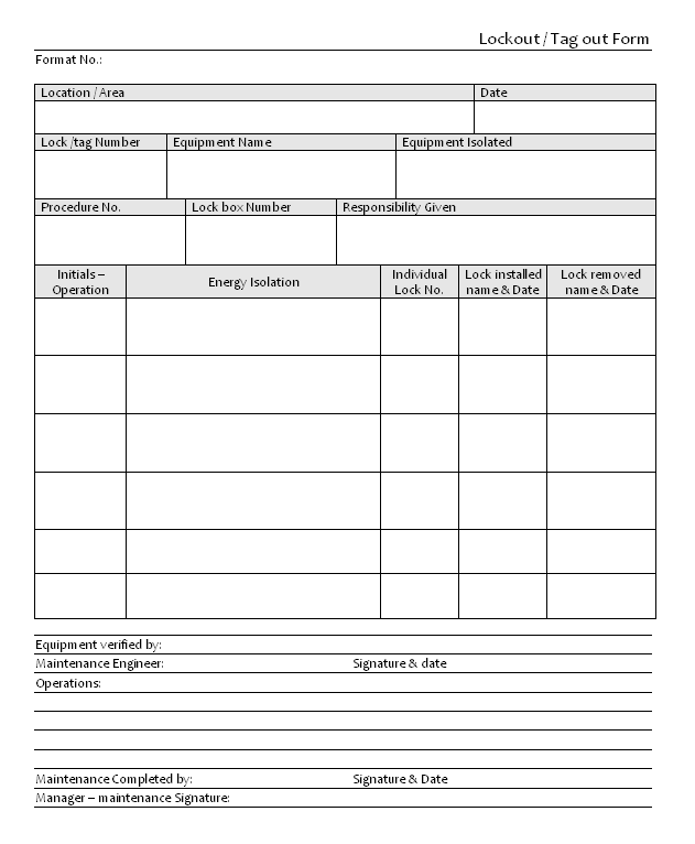 Lockout / Tagout Form format Word PDF Report