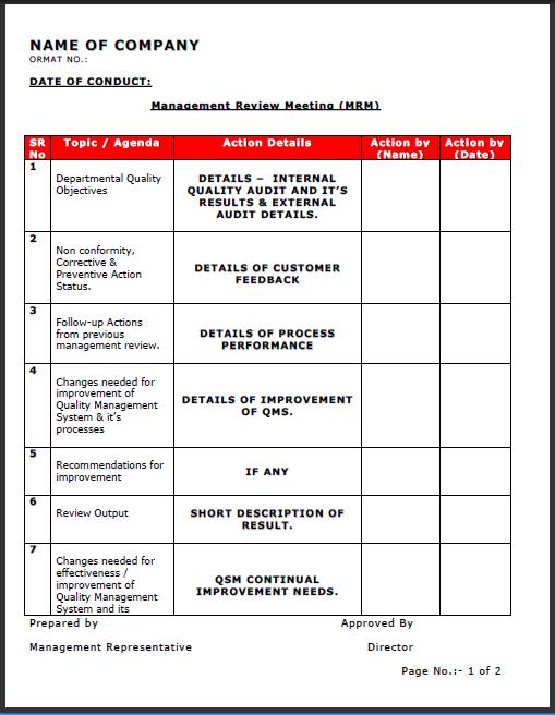 Management Review Meeting Format Samples Word Document Download