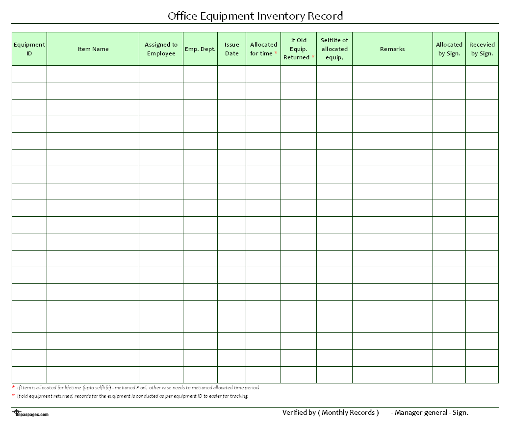 Office Equipment Inventory Template Excel