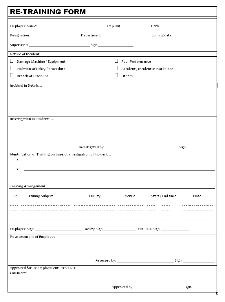 Re-training Form Format For Training Documentation Template Word