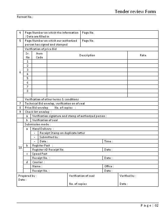Tender Review Form Format Samples Word Document