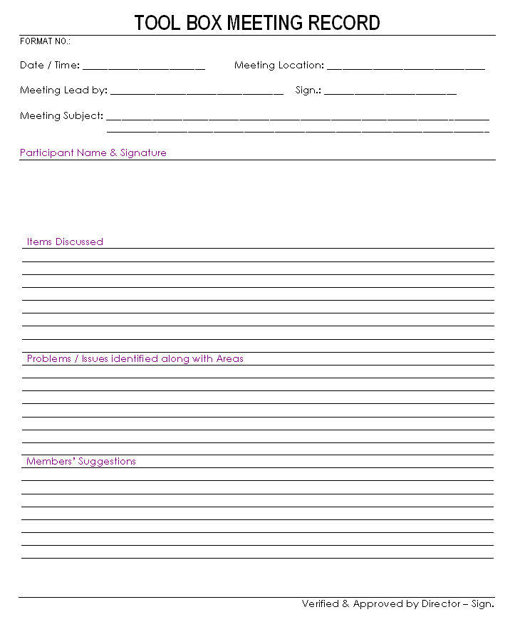 Tool Box Meeting Record Format Samples Excel Word