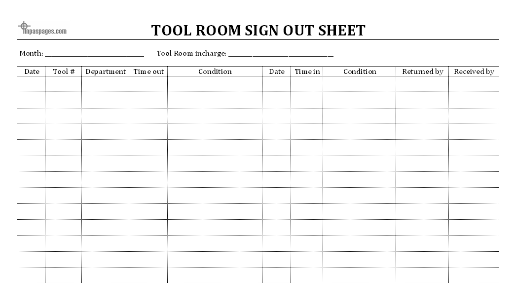 Tool Room Sign Out Sheet Format