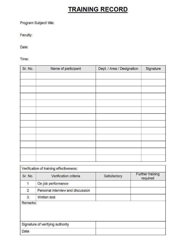 training Record format Excel  PDF  Sample With Training Documentation Template Word
