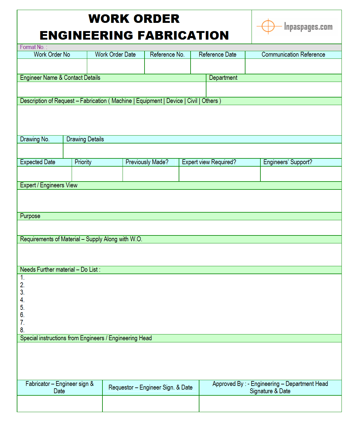 Work Order Template Excel from www.inpaspages.com