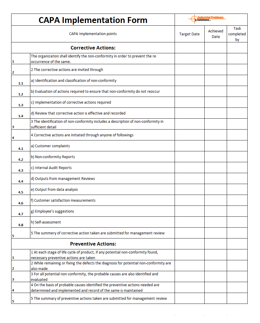 CAPA implementation form template, format, doc, excel, Corrective action Preventive action