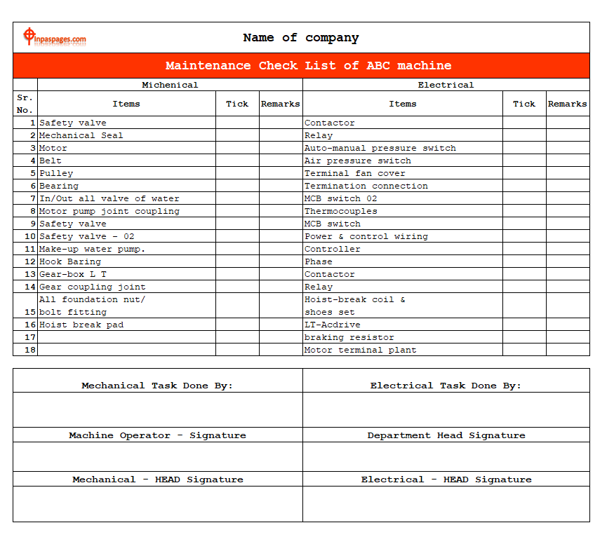 machine maintenance checklist, machine maintenance checklist template, machine maintenance checklist excel