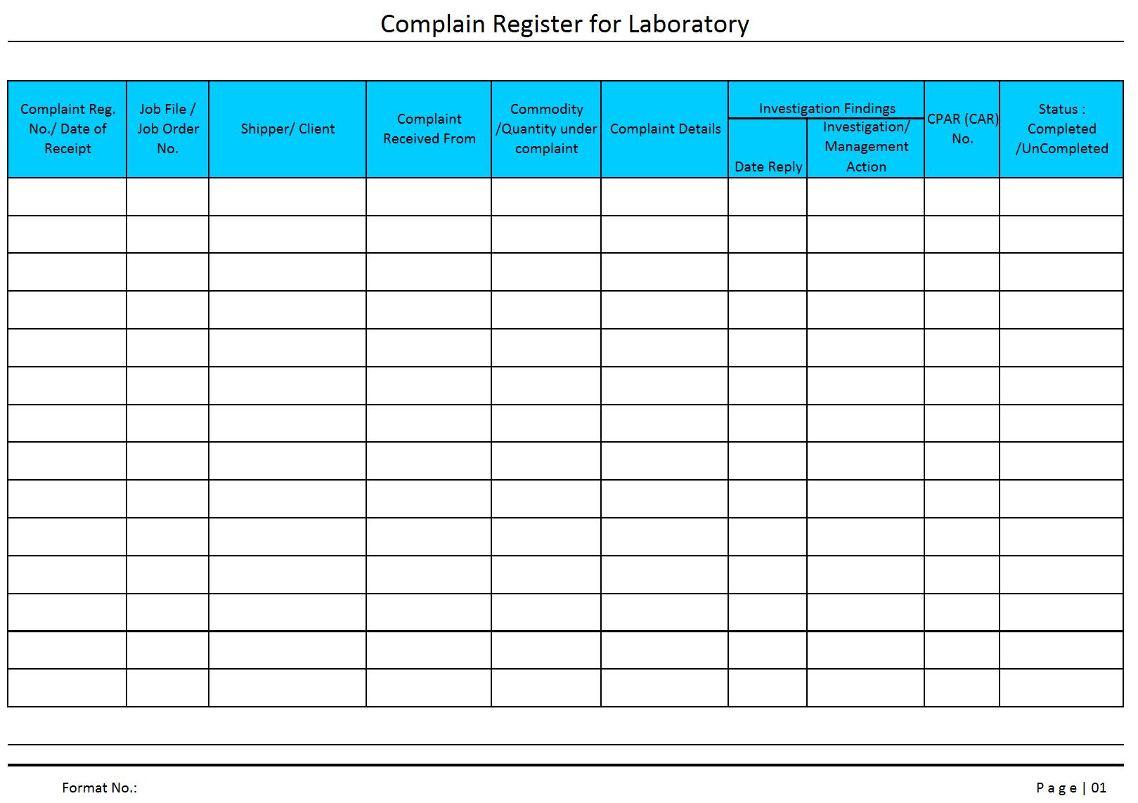 Complaint Register For Laboratory