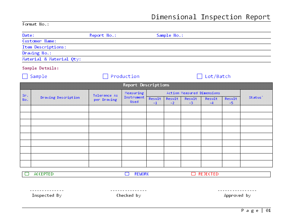 Dimensional Inspection Report template