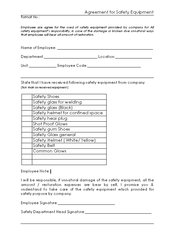Agreement sample for safety equipment