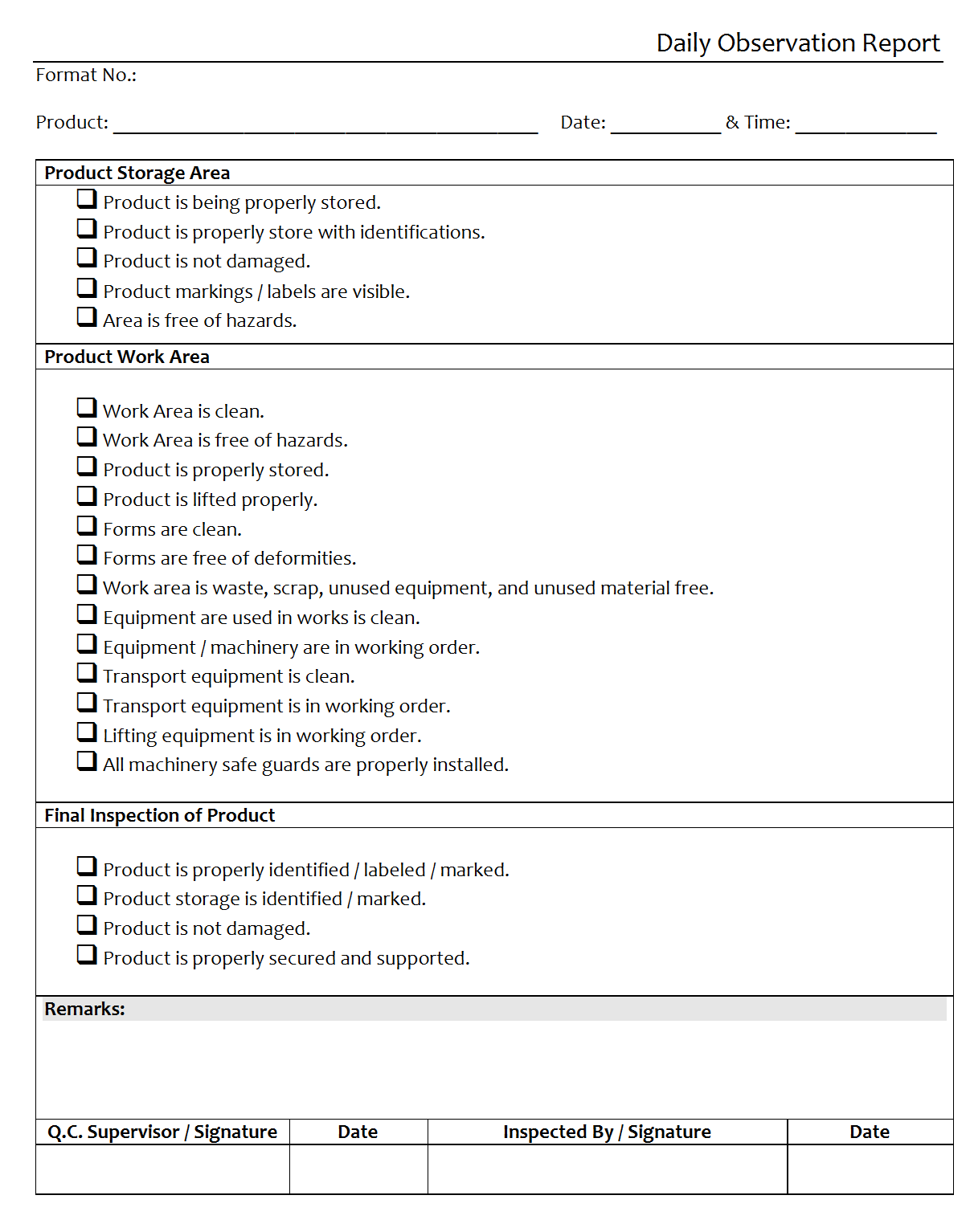 Daily observation report - With Daily Inspection Report Template