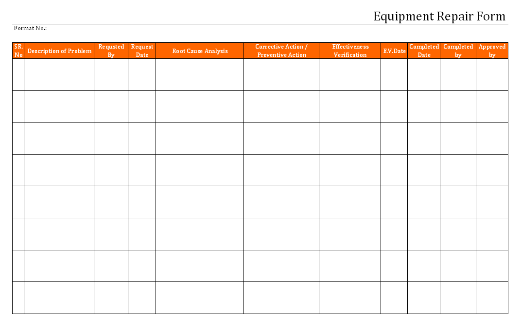 Equipment repair form