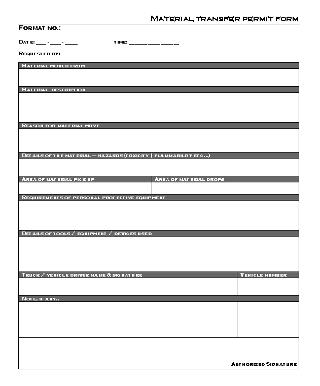 Material Transfer permit form