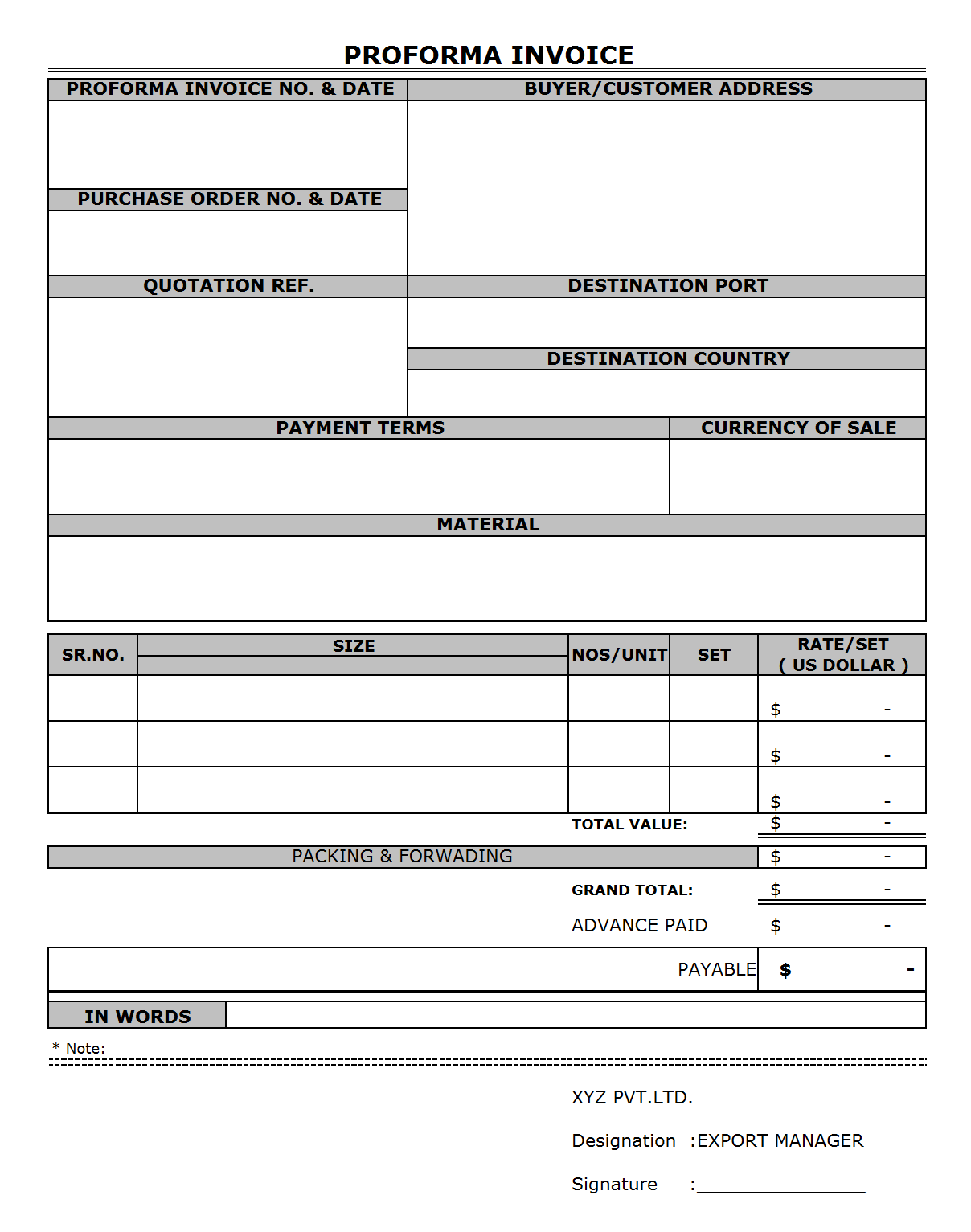 Free proforma invoice format in excel