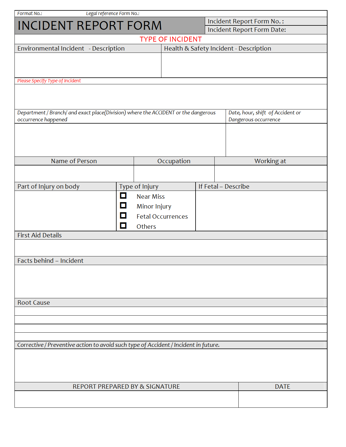 Incident Report form - For Incident Report Log Template