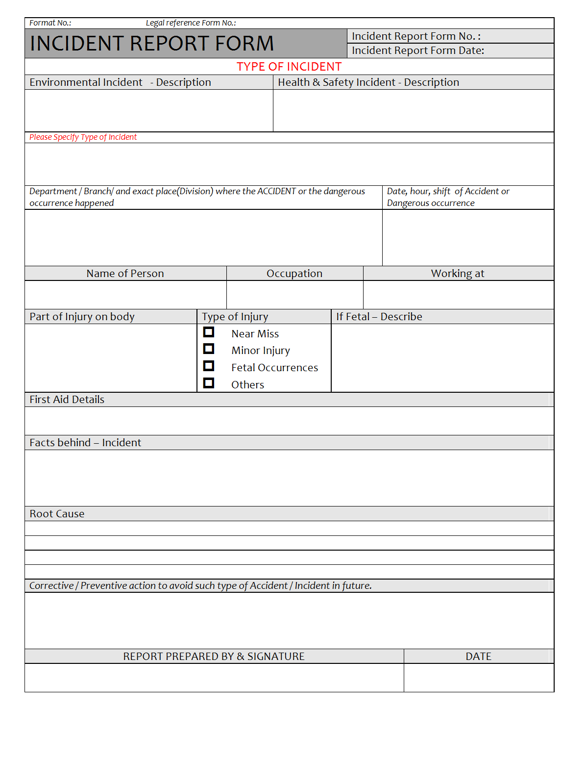 Incident Report form -