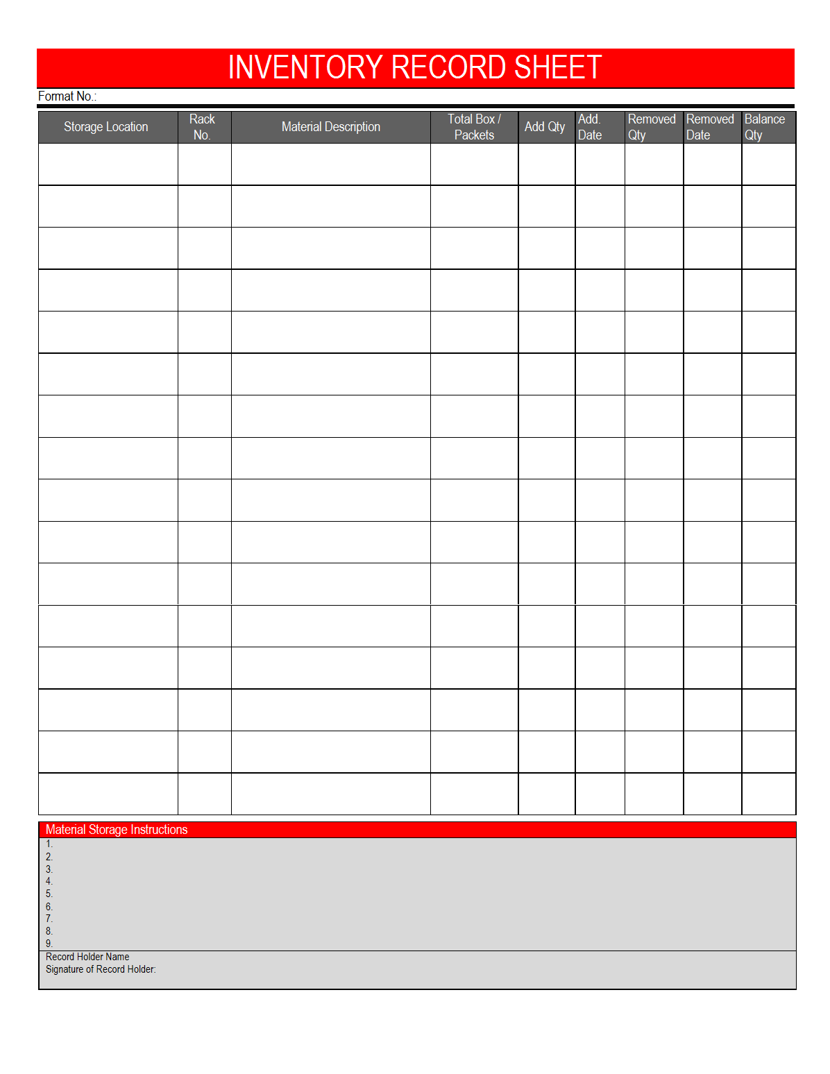 Inventory Record Sheet