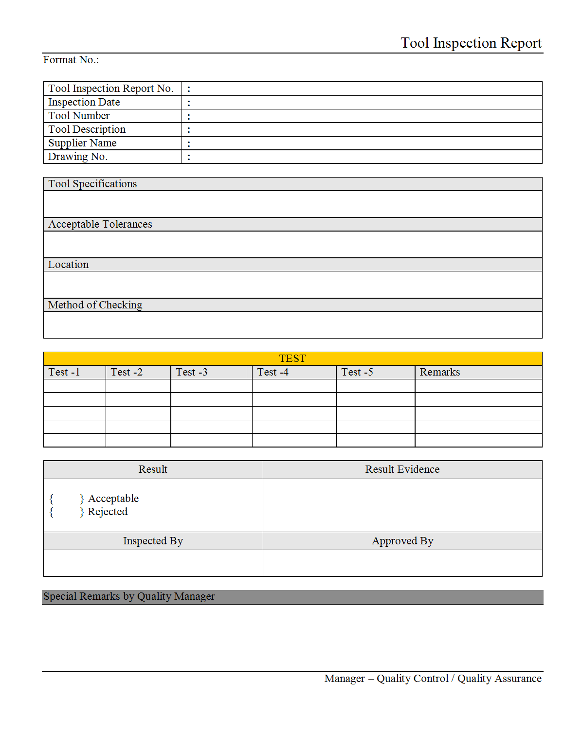 Tool Inspection Report - Regarding Part Inspection Report Template