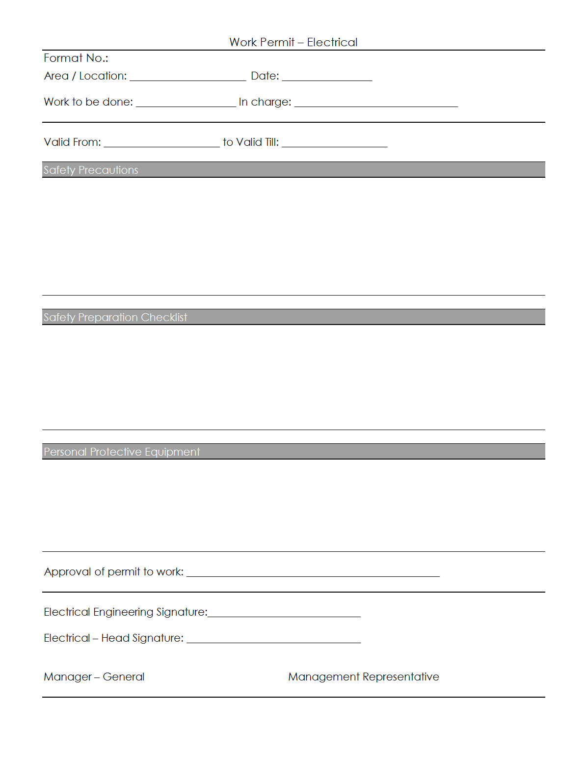 Work Permit For Electrical Works
