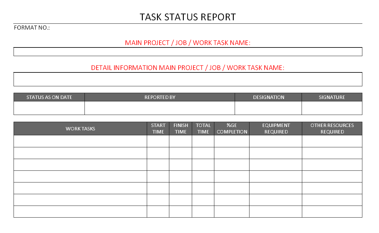 Task Status Report - Within Job Progress Report Template