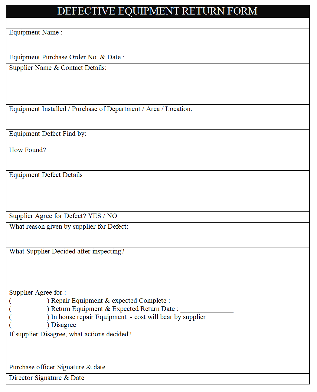 Defective Equipment Return Form Defective Equipment Return Form