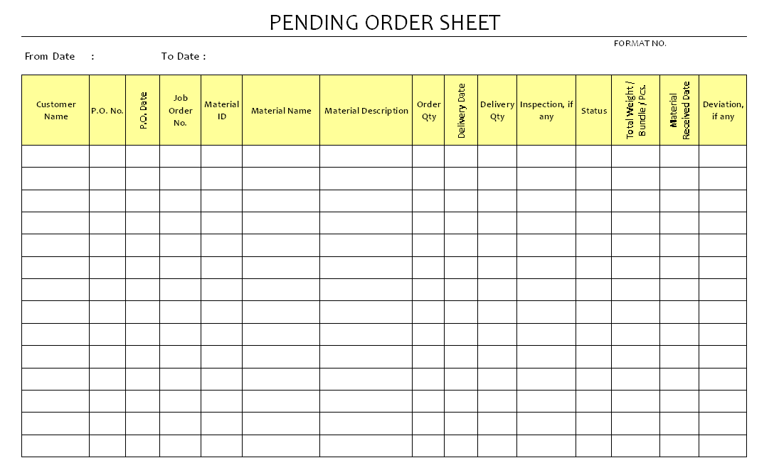 Pending order sheet