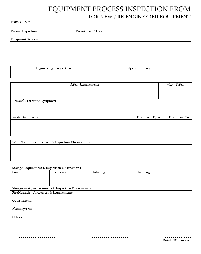 Equipment process inspection form - Within Engineering Inspection Report Template