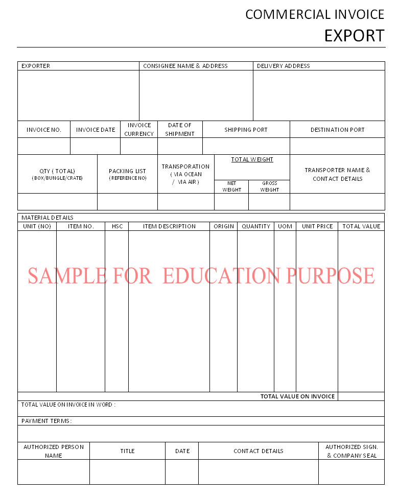 Commercial invoice template free excel