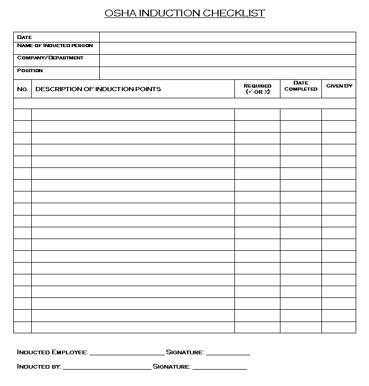 Checklist Ohs Template OHS Induction checklist