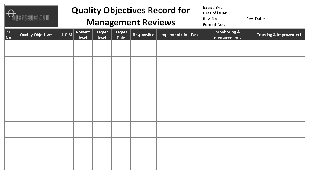 Quality Objectives records for management reviews