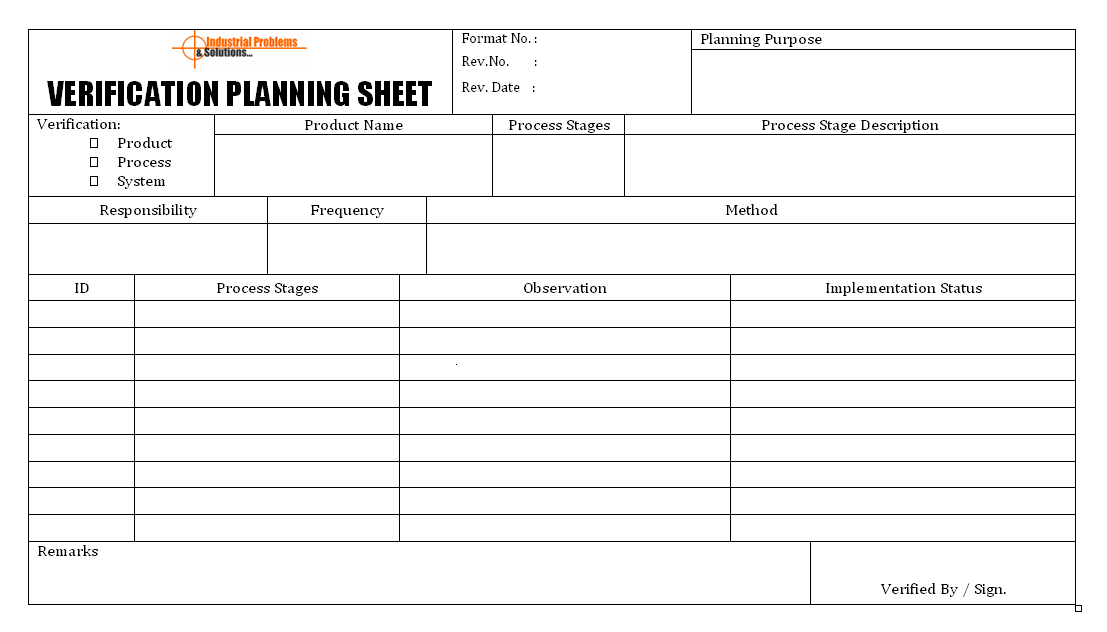 Verification planning sheet
