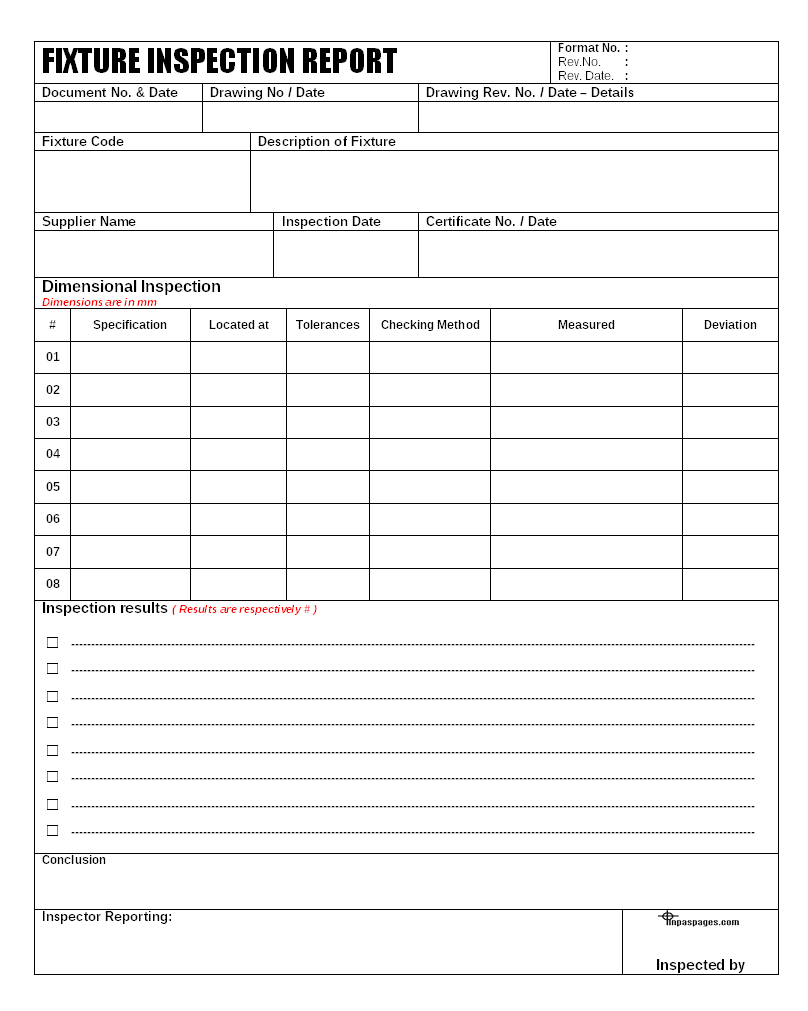 Fixture inspection documentation for engineering - Inside Part Inspection Report Template