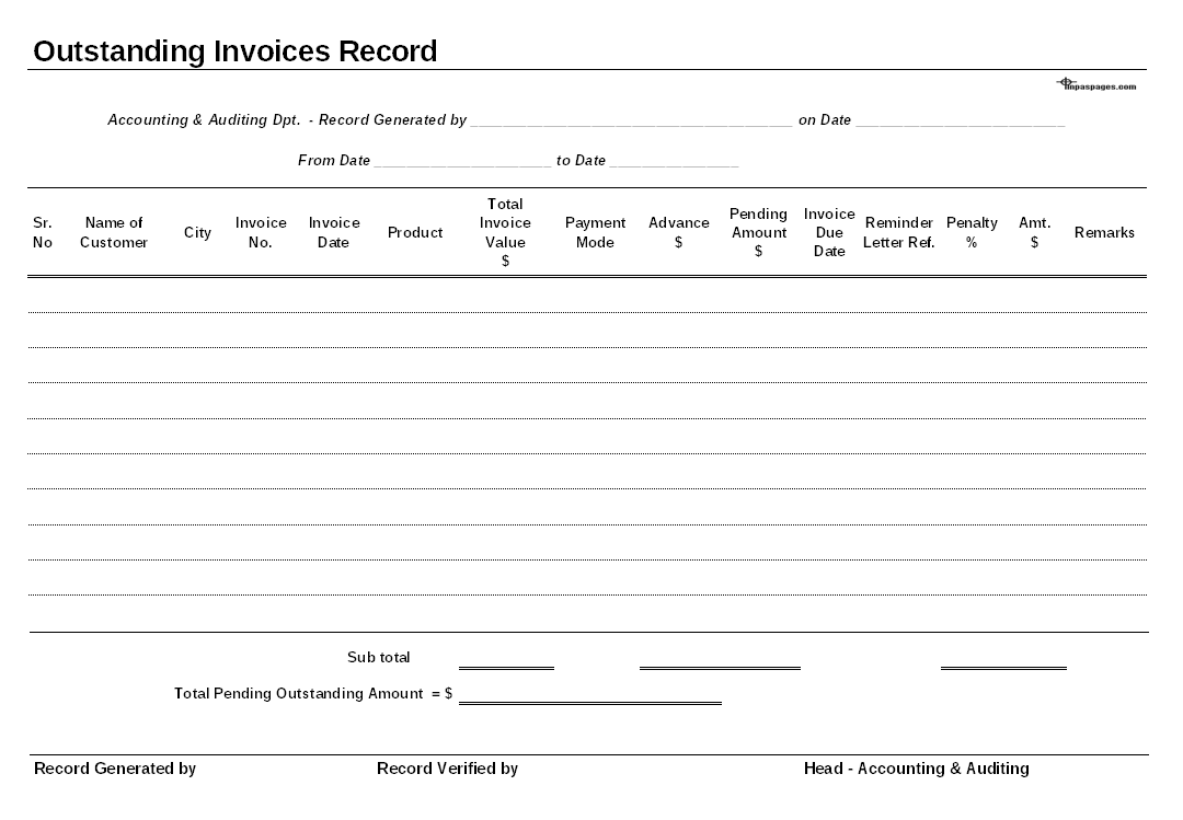 Outstanding invoice register for accounting - Within Invoice Register Template
