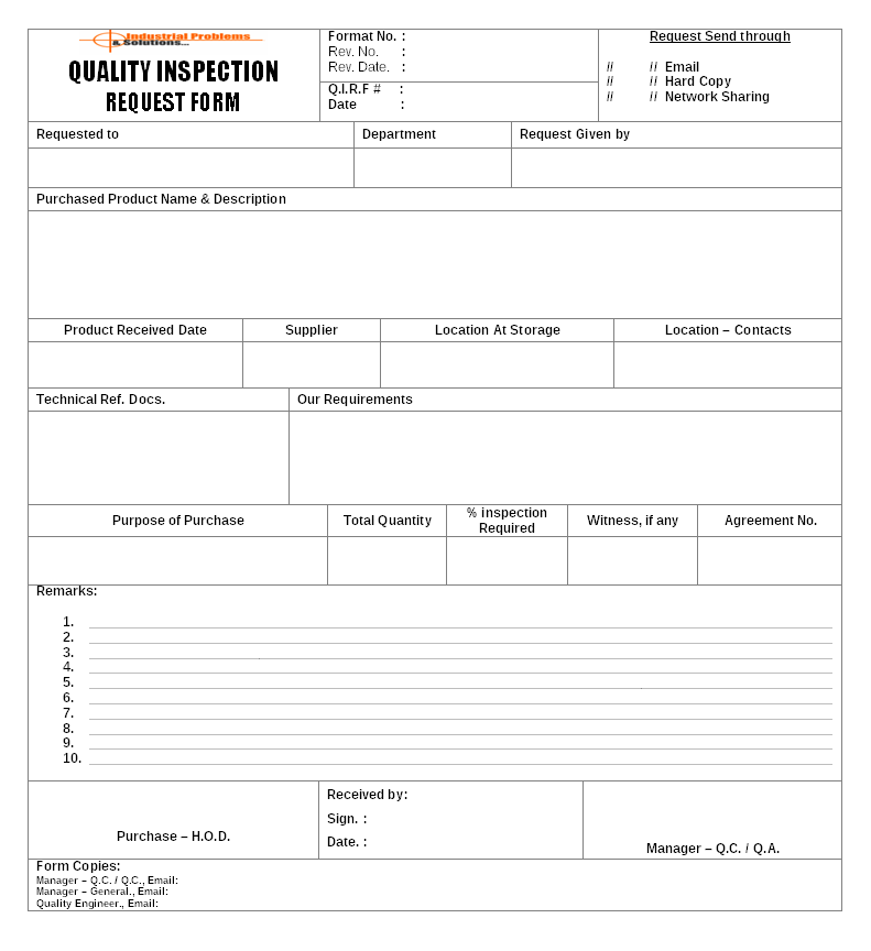 Quality inspection request form