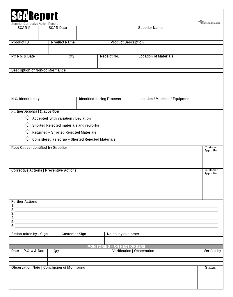 Scar (Supplier Corrective Action Report) – CAPA - For Deviation Report Template