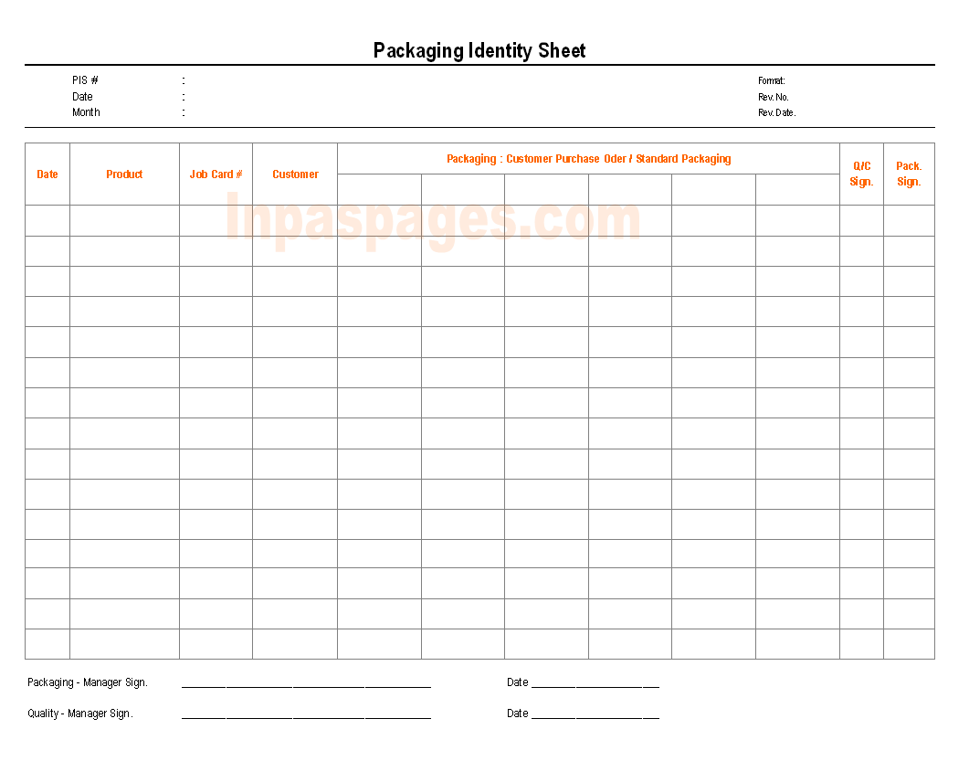 Packaging identity sheet