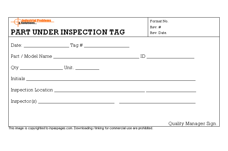 Part under inspection tag
