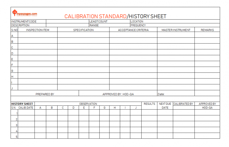 Calibration Standard History Sheet