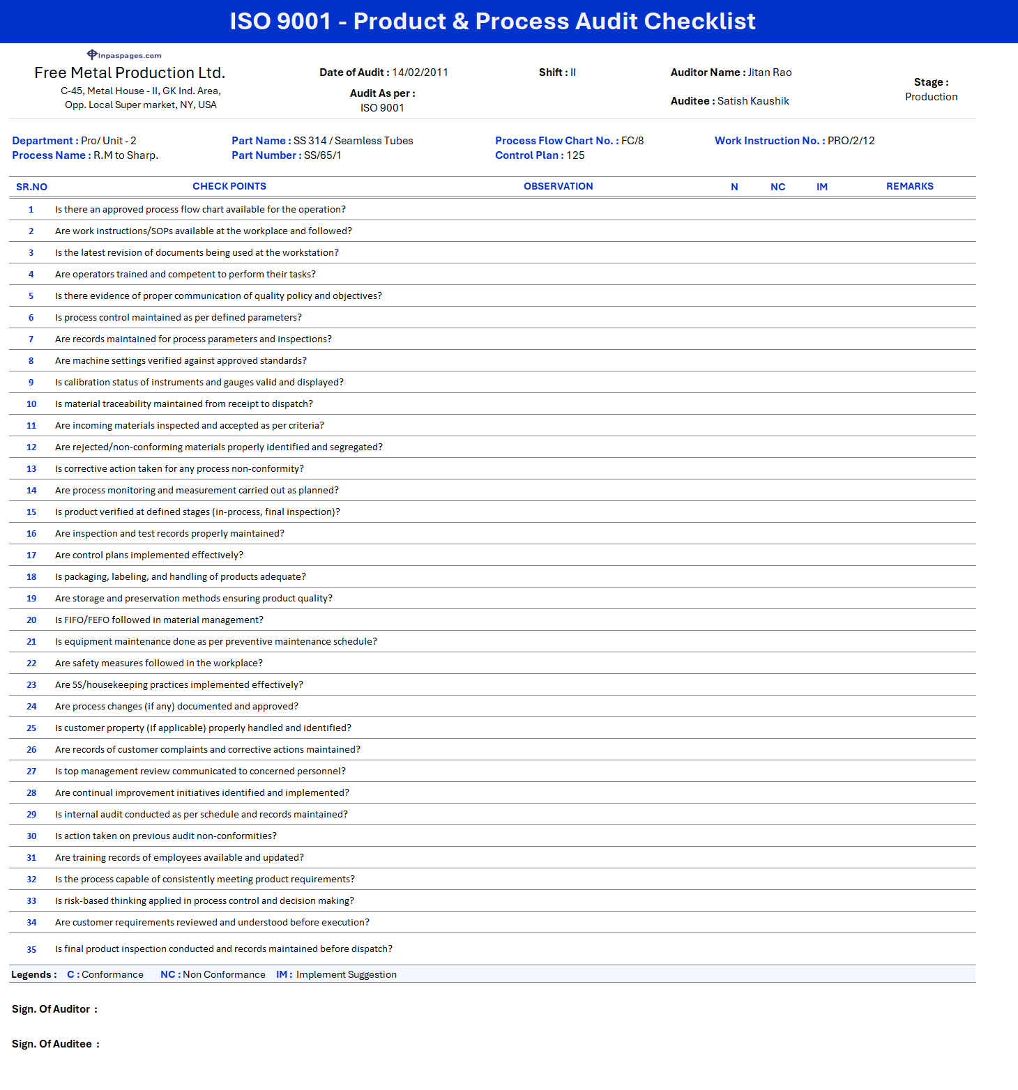 ISO 9001 Product & Process Audit Checklist - Excel Sheet