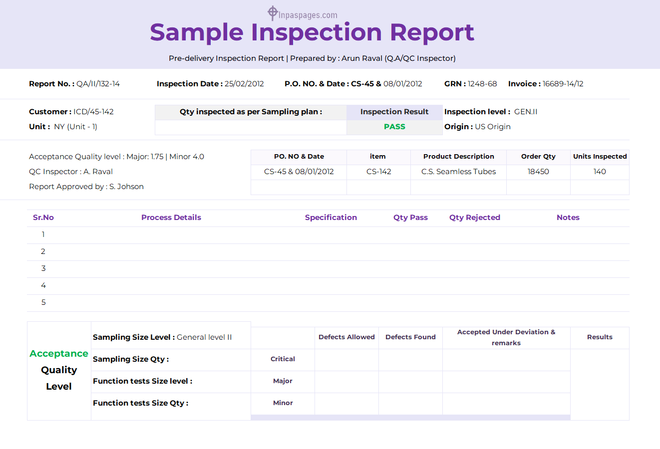 Simple Inspection Report - Excel Sheet
