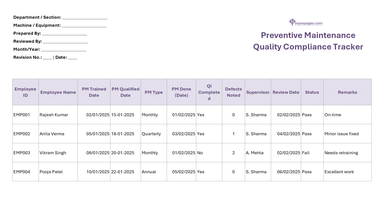 Preventive Maintenance & Quality System Compliance Sheet in Excel