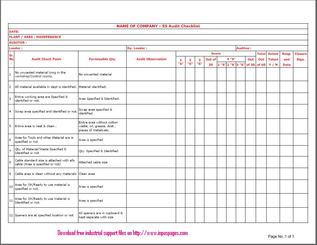 5S Audit Checklist for maintenance